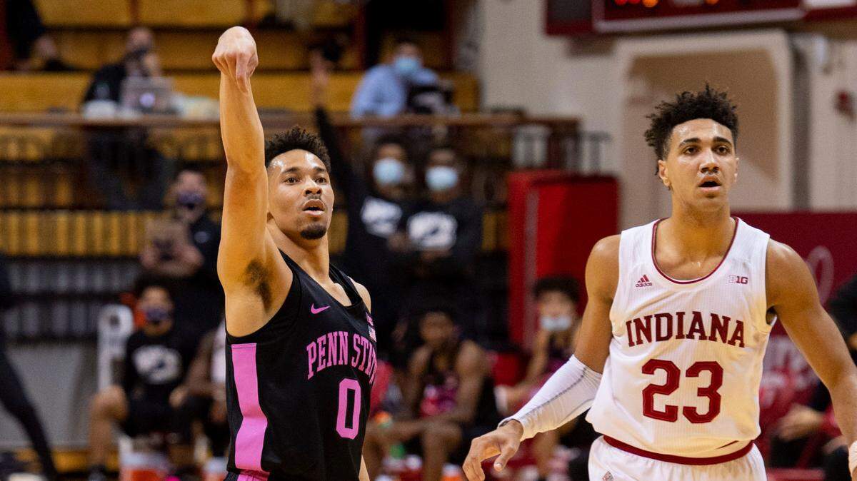 Penn State guard Myreon Jones (0) reacts as he scores a 3-point basket during the first half of Wednesday’s game against Indiana in Bloomington. Jones finished with 20 points in an 87-85 loss in overtime.