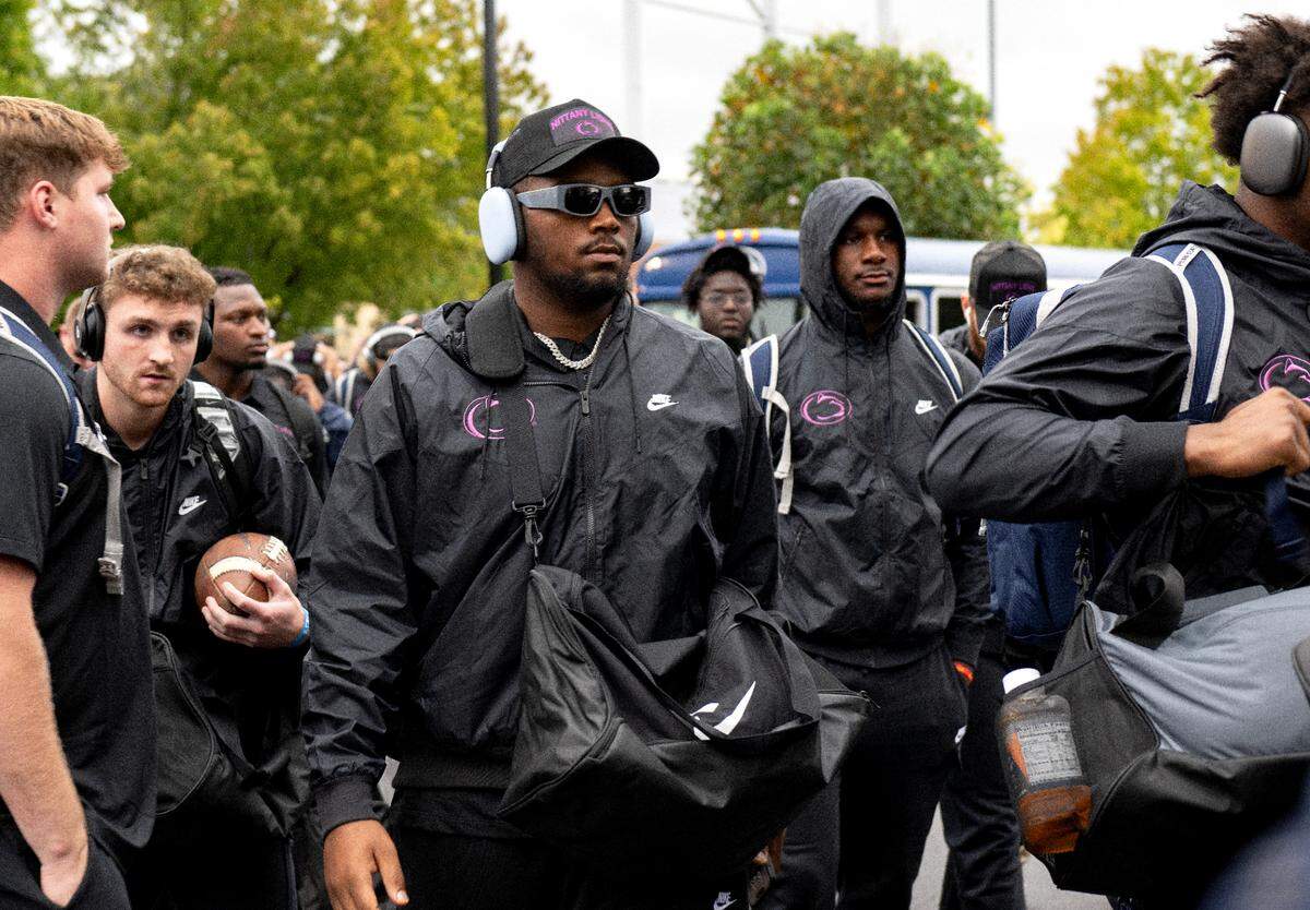 The Penn State football team arrives at Beaver Stadium for the Homecoming game on Saturday, Sept. 28, 2024.