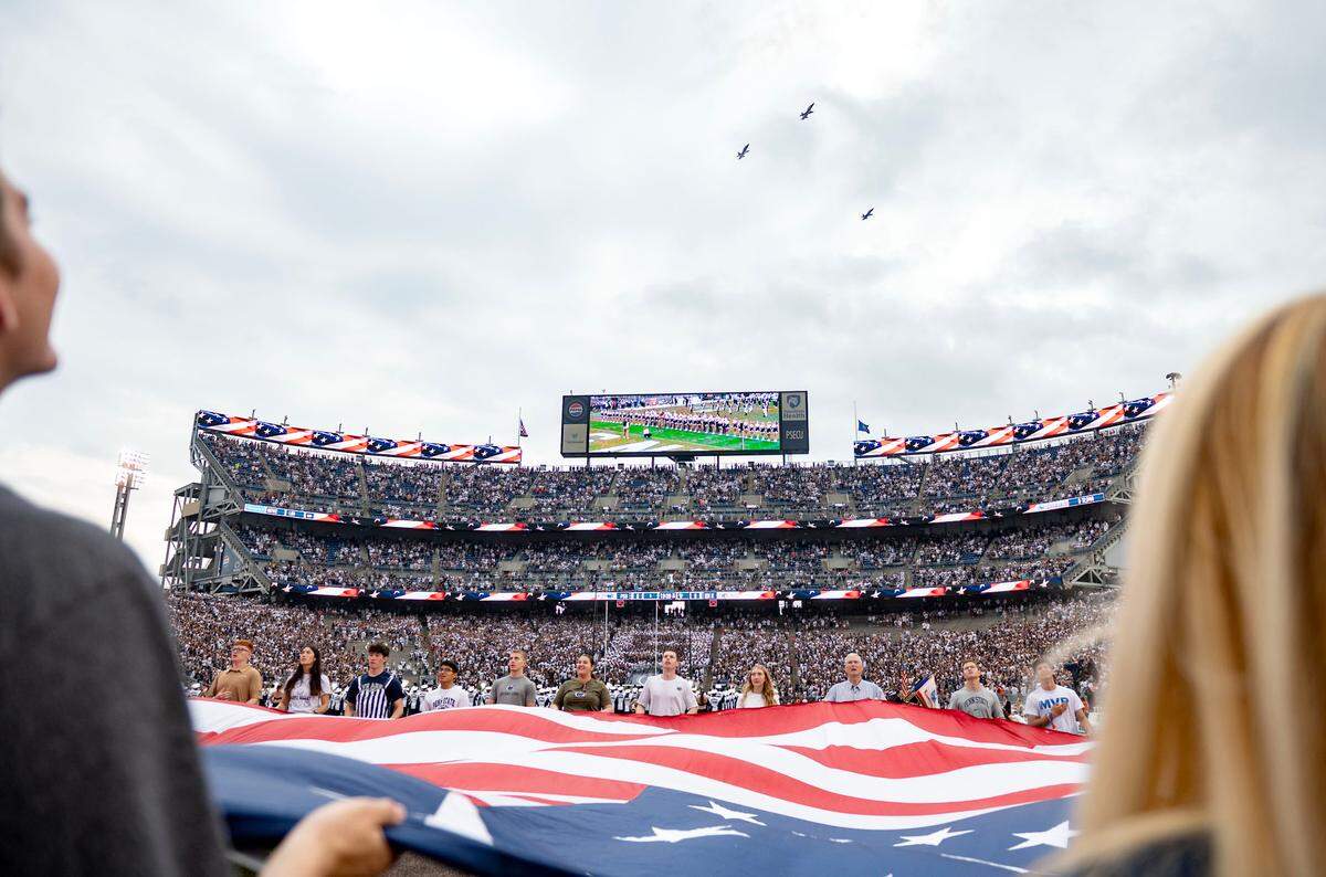 A trio of T-38 Talon’s fly over Beaver Stadium during the National Anthem before the game against Kent State on Saturday, Sept. 21, 2024.