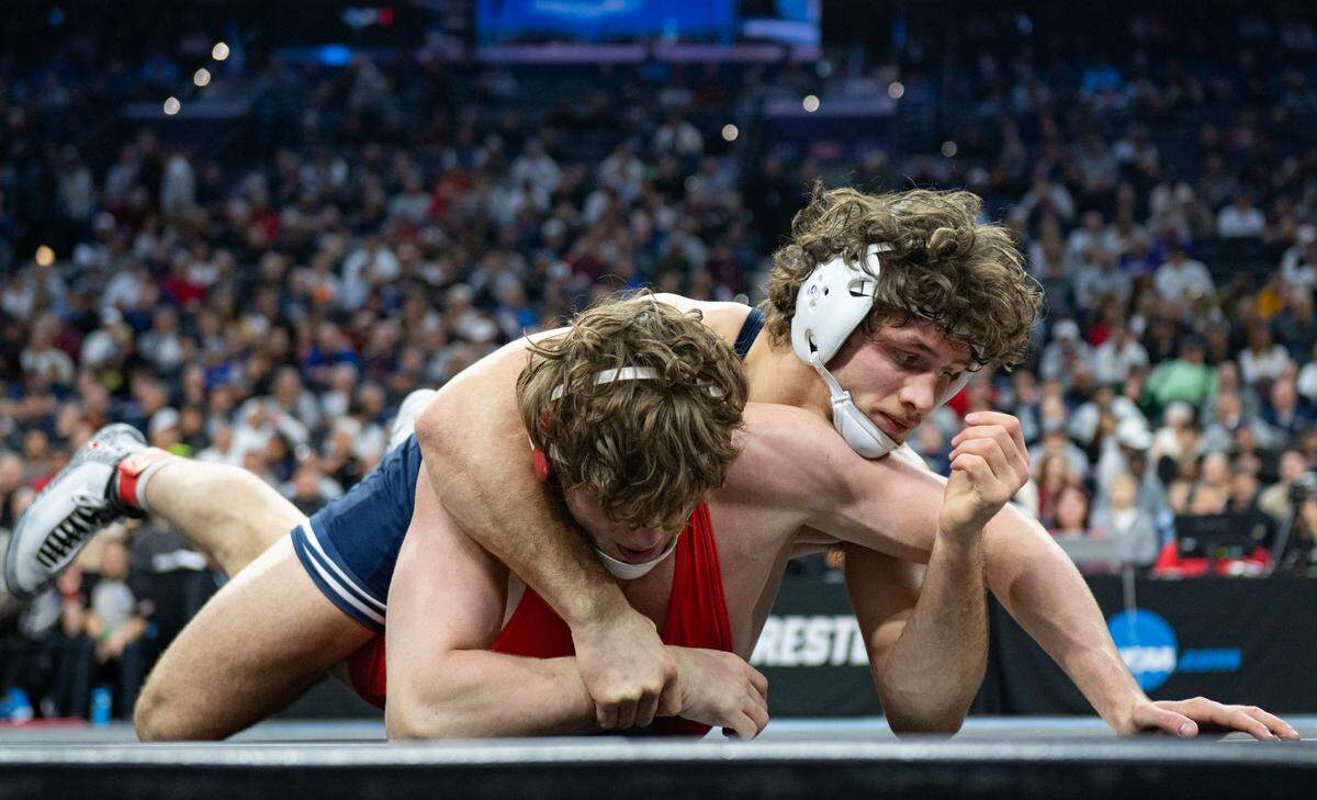 Penn State’s Levi Haines controls Cornell’s Simon Ruiz, Cornell in the 174-pound consolation semifinals at the 2025 NCAA Wrestling Championships in Philadelphia on Saturday, March 22, 2025.