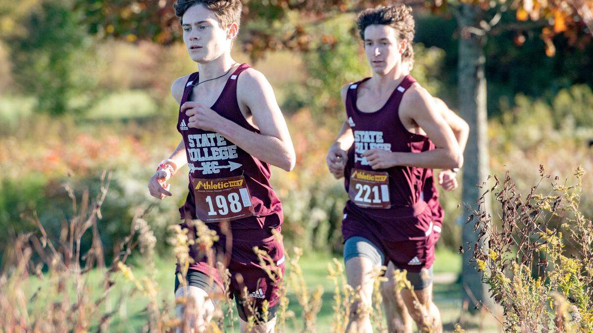 State College's Sean Adams leads a pack of runners during the cross country meet against Central Dauphin East on Tuesday, Oct. 13, 2020 at Circleville Park.  Adams finished in second place with a time of 16:55.  