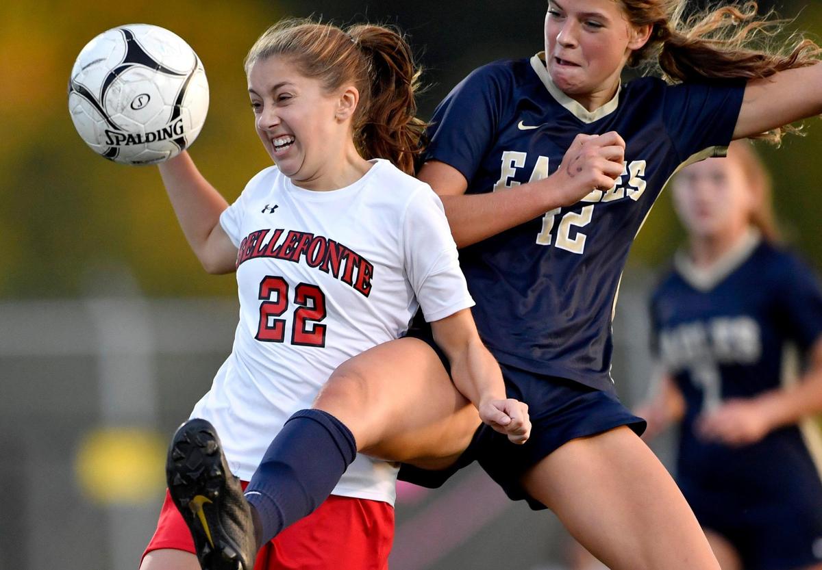 Bellefonte’s Leigha Schrader and Bald Eagle AreaÕs Falen McHenry fights for the ball during the game on Thursday, Oct. 1, 2020.