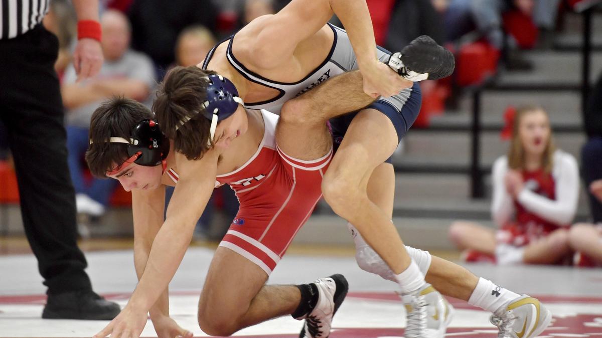 Penns Valley’s Baylor Shunk controls Bellefonte’s Alex Coppolo in the 126-pound bout during the match Jan. 8. The Rams are the county’s best seed in Class 2A at No. 3, while Altoona is the No. 1 seed in Class 3A.