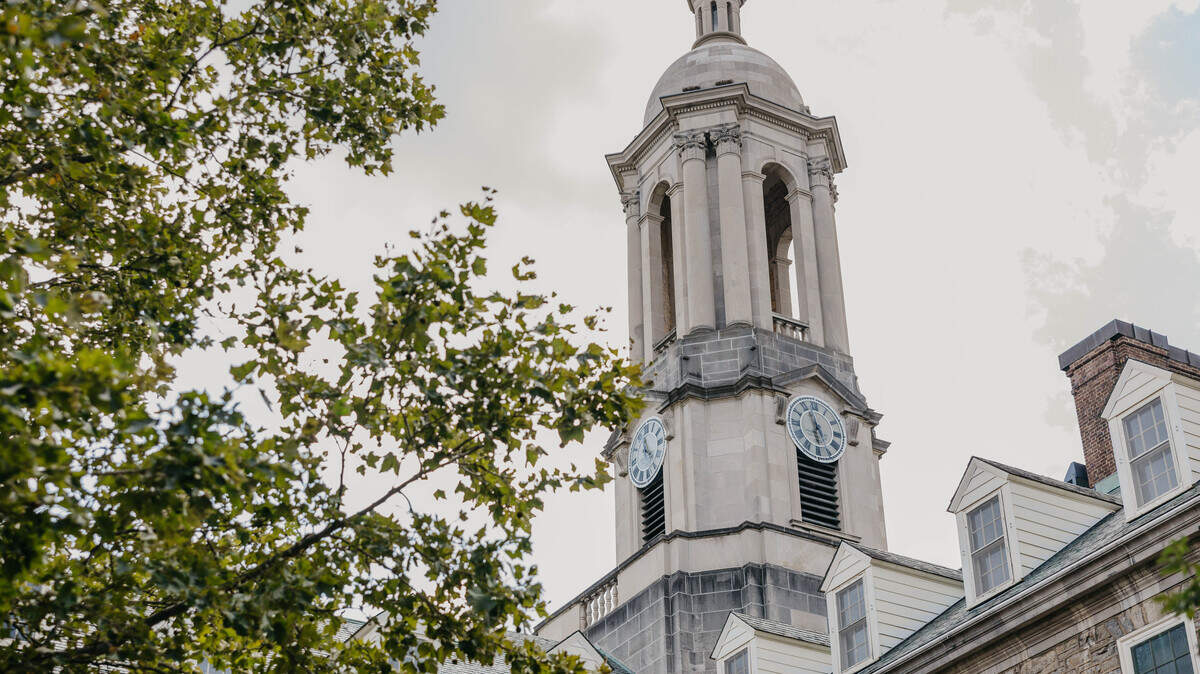 The bell tower of Old Main on Penn State’s campus.