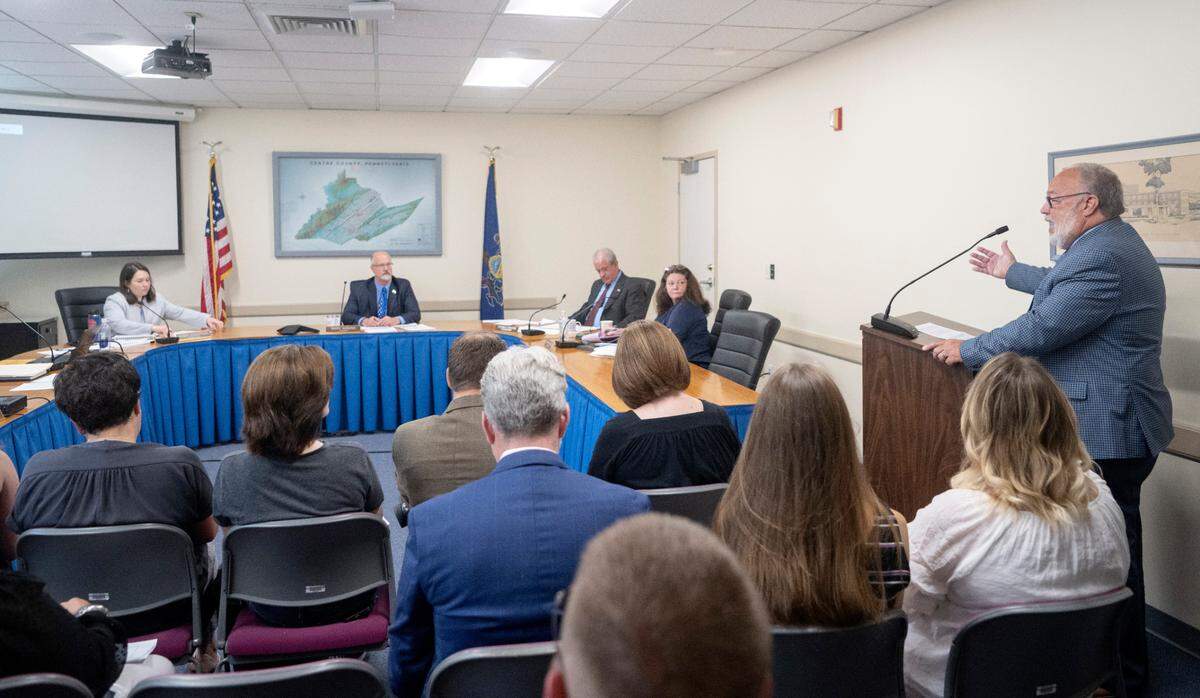 The Centre County Board of Commissioners listen to public comments about the Responsible Contractor Ordinance to a crowded on Tuesday, June 27, 2023 at the Willowbank building.