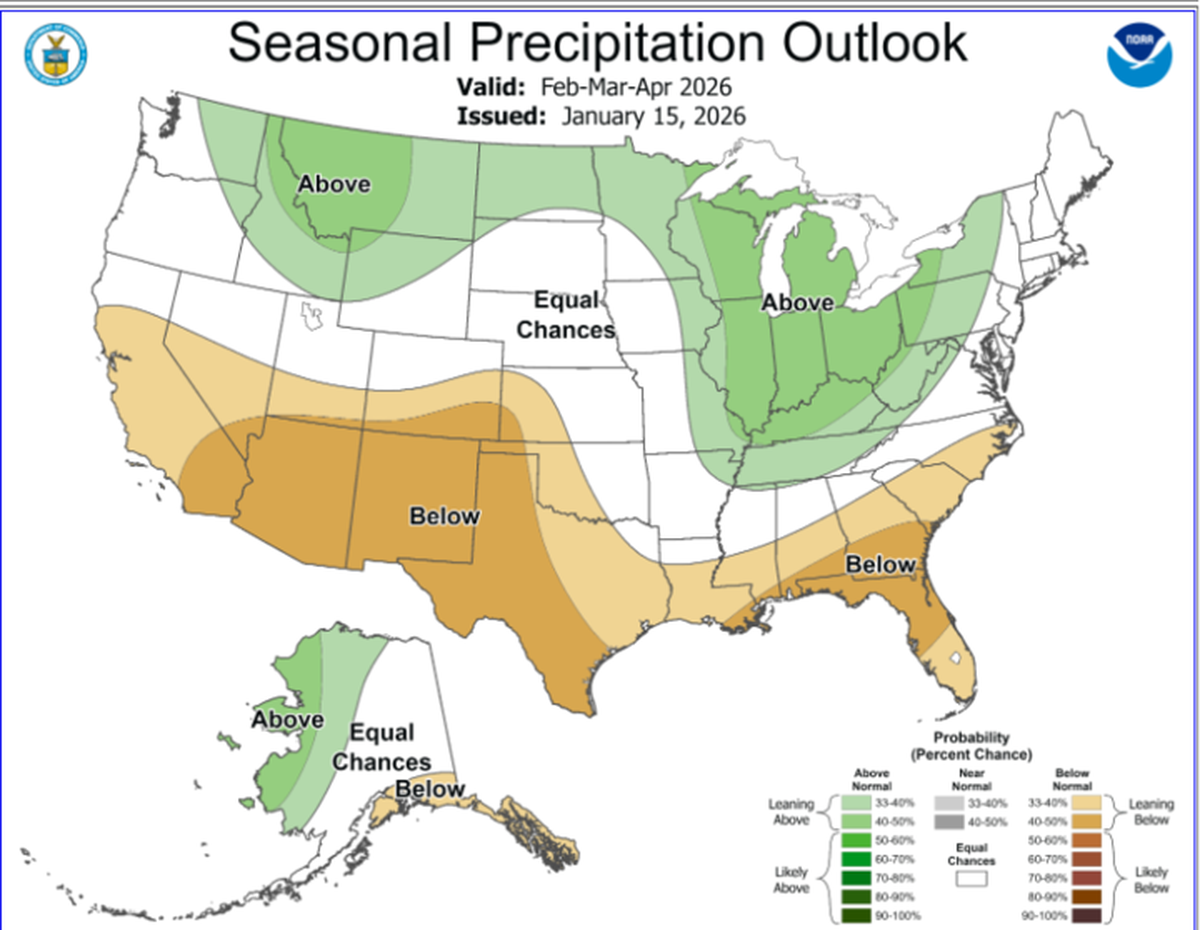 This map from the Climate Prediction Center shows the seasonal precipitation outlook for January through April 2026.