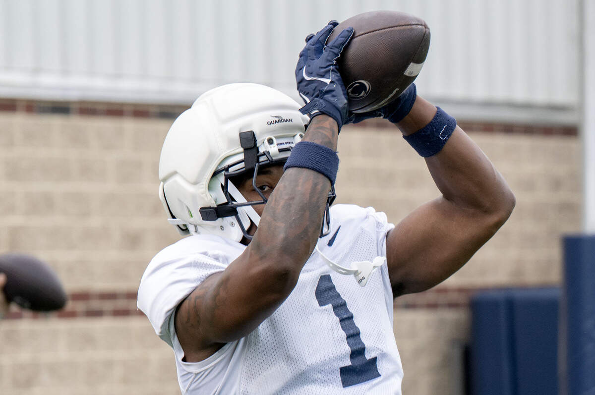 Penn State wide receiver Kyron Hudson makes a catch during practice on Saturday, Aug. 2, 2025.