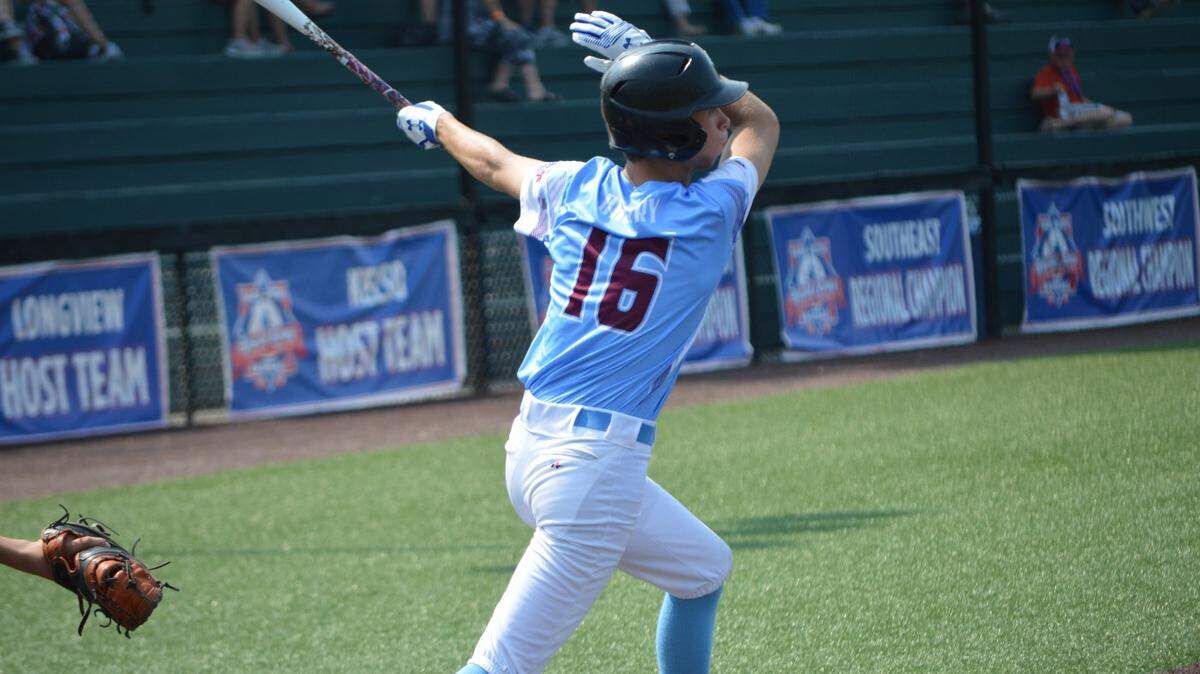 Mifflin County’s Connor Cherry takes a swing in the Babe Ruth World Series semifinal game on Wednesday. Mifflin County plays for the championship title Thursday evening.