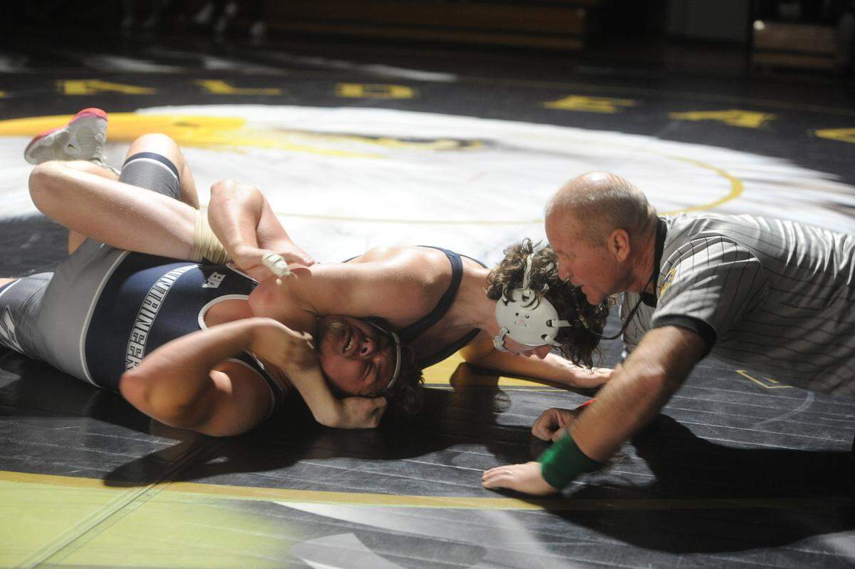 Bald Eagle Area’s Noah Foltz looks for the pin against Philipsburg-Osceola’s Dominic Shaw in their 189-pound bout during the Eagles’ 47-15 win on Thursday, Jan. 6, 2022. Foltz topped Shaw 15-0 in 3:27.