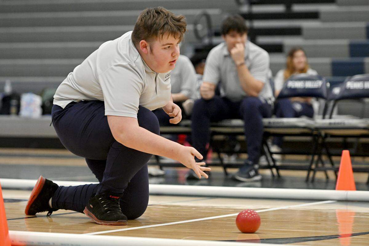 Philipsburg-Osceola’s Ayden Callaway takes his turn during the unified bocce match against Penns Valley on Thursday, Jan. 30, 2025.