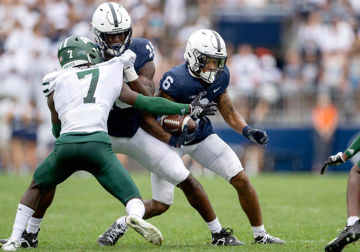 Penn State wide receiver Harrison Wallace III cuts down the field with the ball during the game against Ohio on Saturday, Sept. 10, 2022.