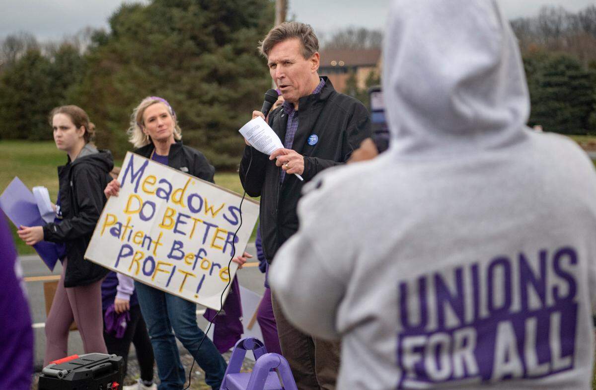 College Township Council member Paul Takac, a candidate for the 82nd House District, speaks Wednesday during the rally for workers of The Meadows Psychiatric Center to unionize.