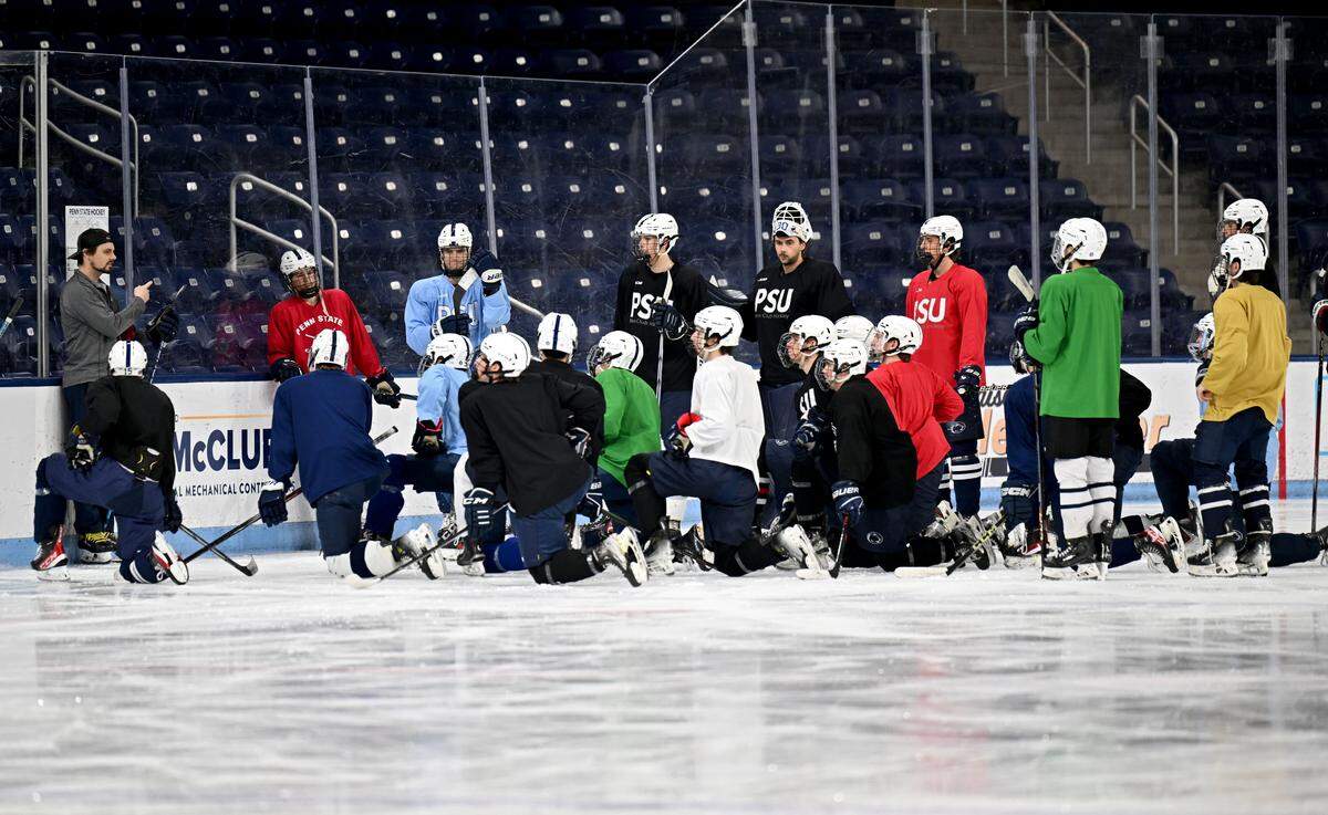 Penn State club hockey team gathers at the start of practice on Tuesday, Jan. 20, 2026 at Pegula Ice Arena. 