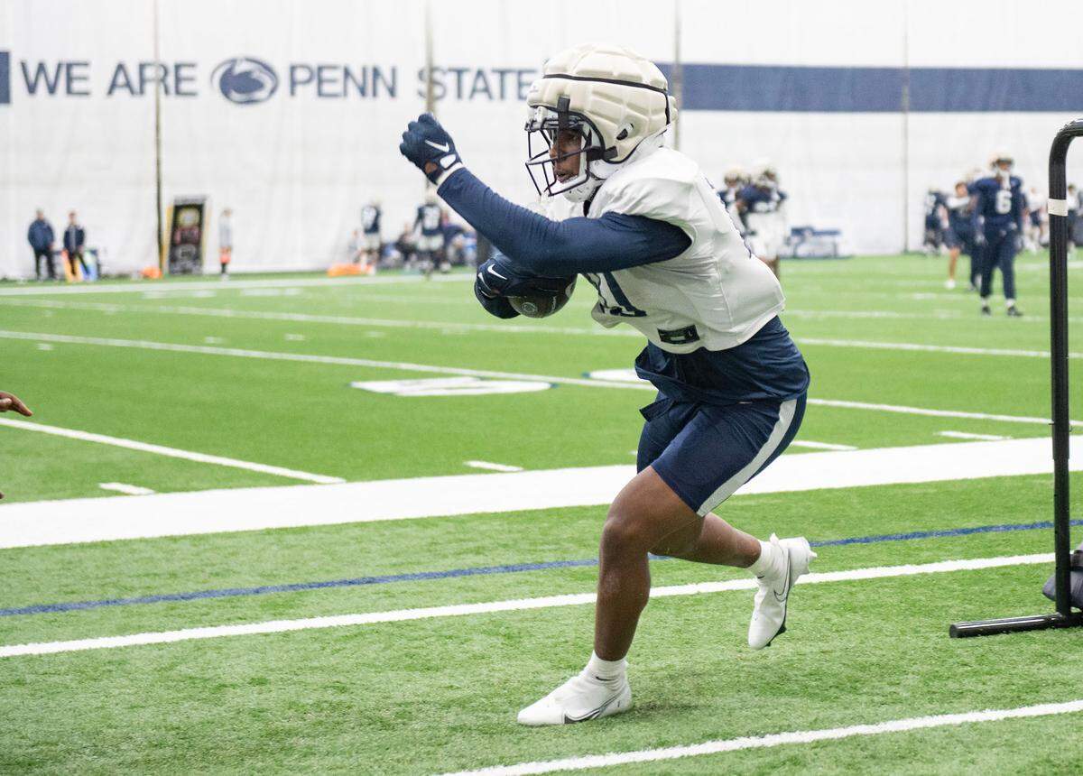Penn State running back Nick Singleton runs a drill during practice on Friday, Dec. 27, 2024 at Holuba Hall as the team prepares for the Fiesta Bowl.