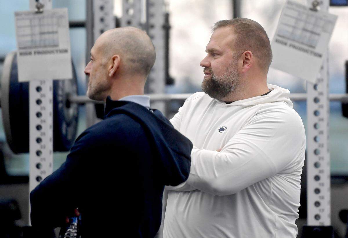 Penn State offensive coordinator Andy Kotelnicki watches players lift during a a winter workout session on Thursday, Feb. 29, 2024.