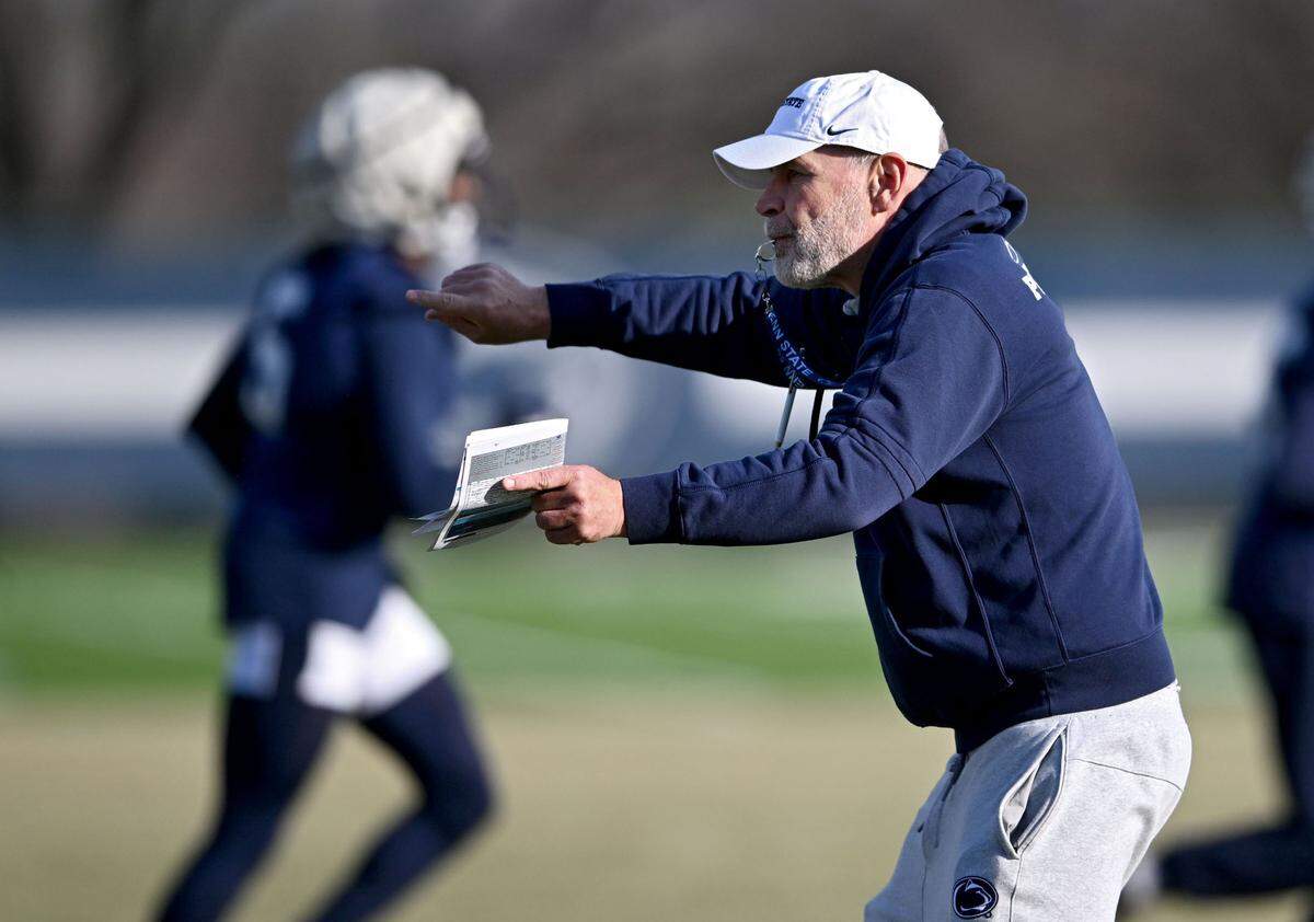 Penn State defensive coordinator Jim Knowles whistles to his players during spring practice on Tuesday, March 25, 2025.
