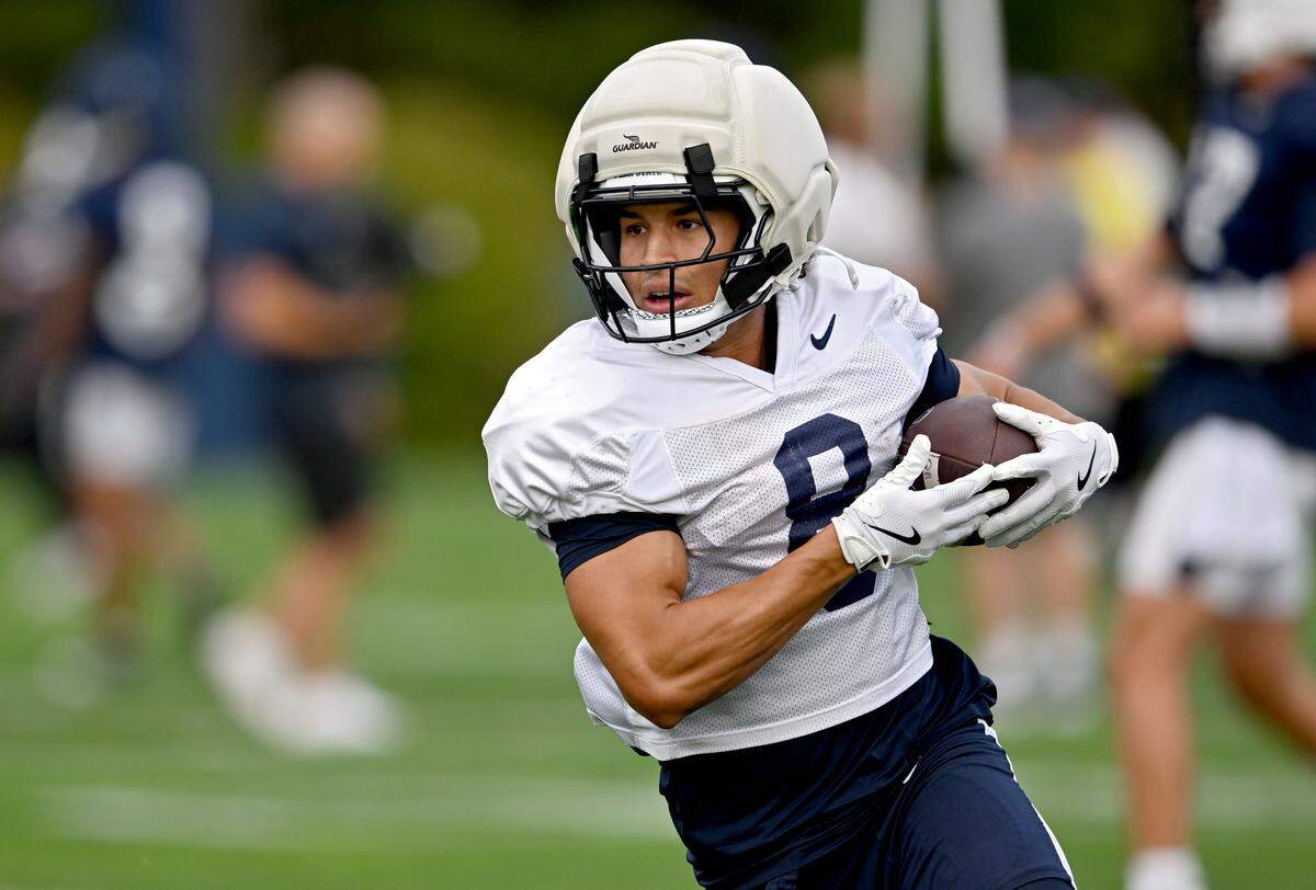 Penn State wide receiver Trebor Peña makes a catch during practice on Tuesday, Sept. 16, 2025.  