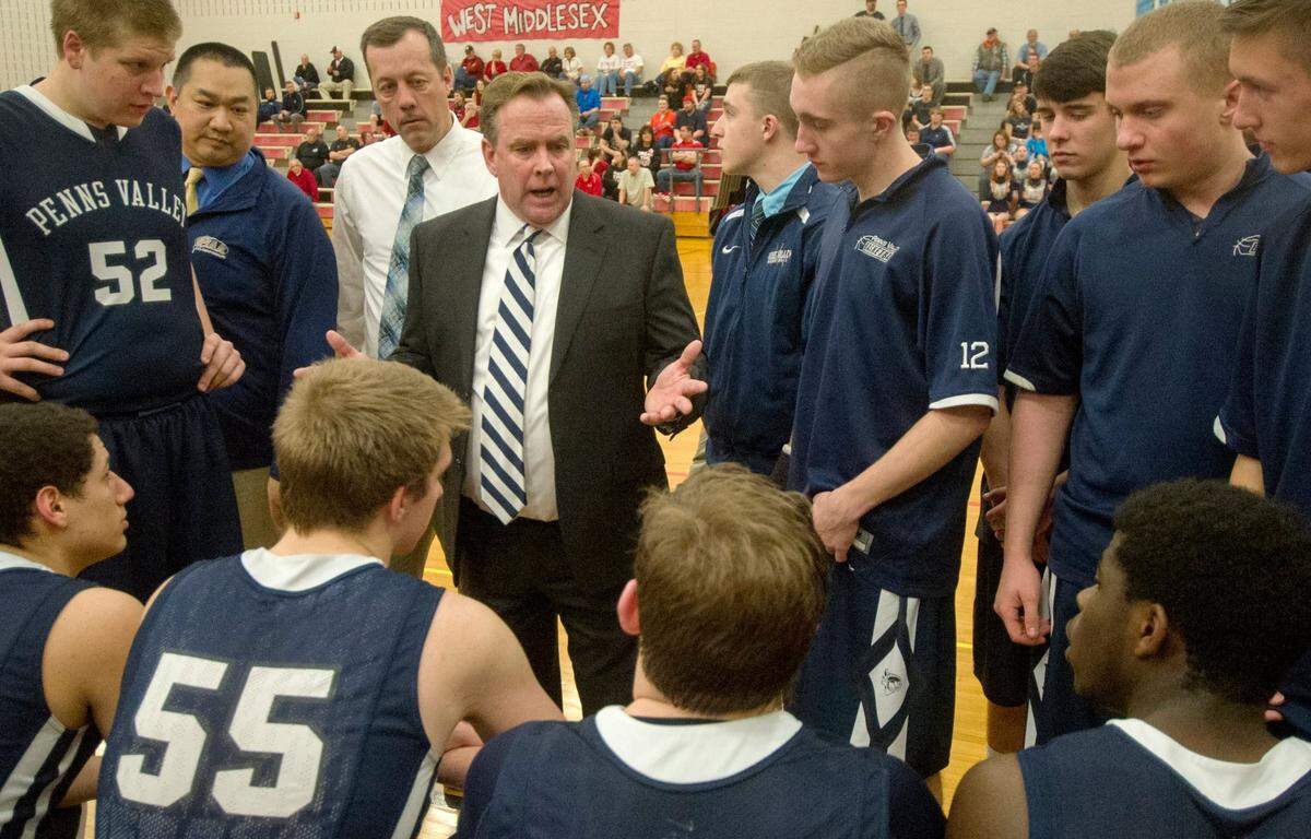 Penn Valley coach Terry Glunt talks to his players during a timeout of the PIAA tournament game against West Middlesex on Wednesday, March 9, 2016 at DuBois Middle School.  