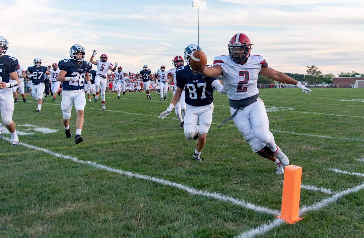 Bellefonte’s Jamal Saunders reaches into the end zone for a touchdown during the game against Penns Valley on Friday, Sept. 2, 2022.