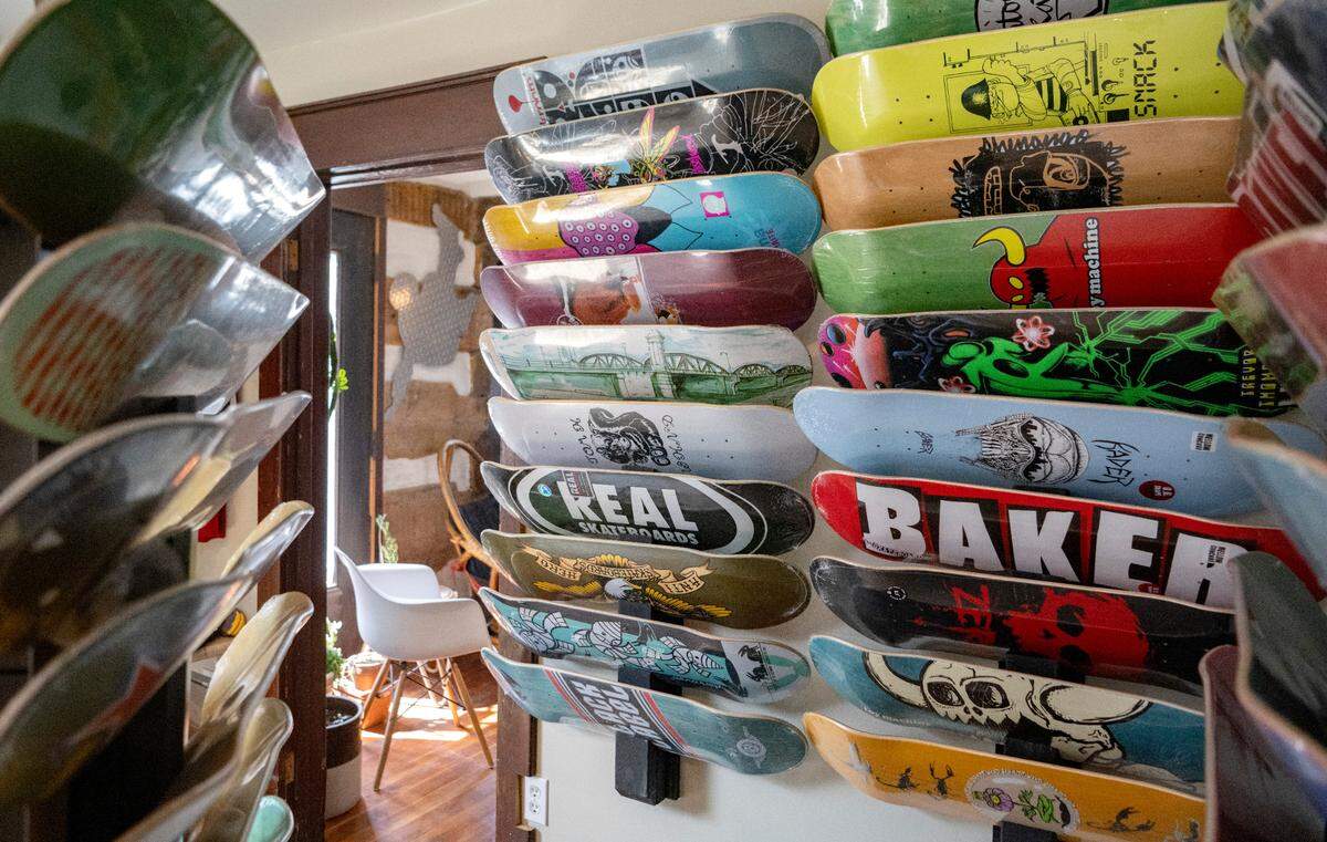 Skateboards cover a wall at Rad Wheels Skate Shop in Millheim.