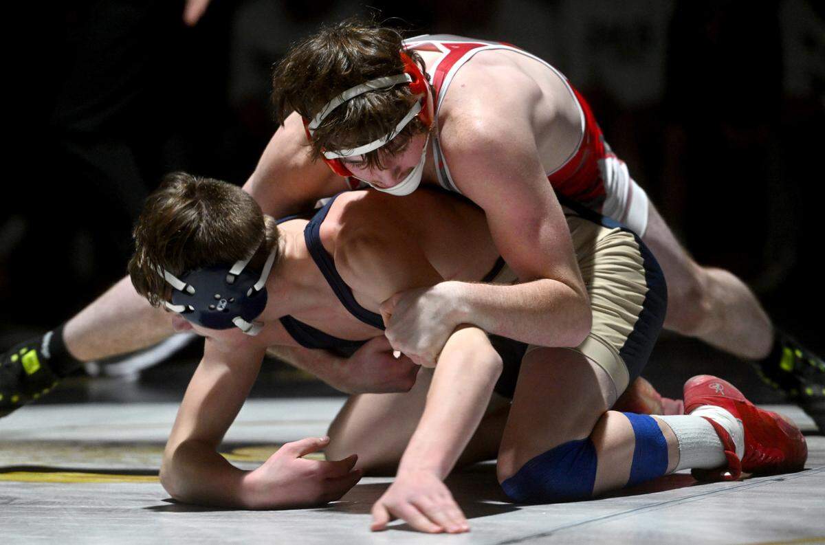 Bellefonte’s Nash Irwin controls Bald Eagle Area’s Shawn Knepp in the 189 lb bout of the match on Tuesday, Dec. 13, 2022. Irwin won by decision, 4-3.