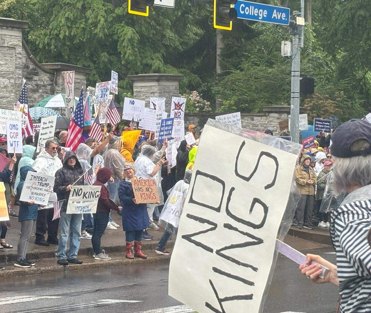 Hundreds of protesters attended the anti-Trump “No Kings” rally on Saturday in downtown State College near the Allen Street gates. The rally was part of a nationwide series of demonstrations that railed against what organizers described as President Donald Trump’s executive overreach, immigration crackdowns/civil rights violations, cuts to essential services, etc.