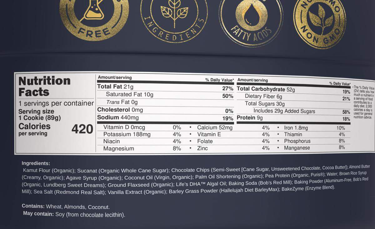 A look at the Cael’s Cookie packaging that shows nutritional info and ingredients.