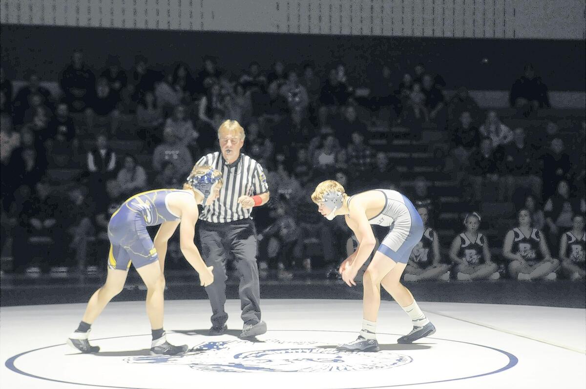 Penns Valley’s Hayden Yearick, right, looks for a shot against Southern Huntingdon’s Raymond Goss in their 106-pound bout during the Rams’ 59-21 win on Friday. Yearick pinned Goss in 1:32.