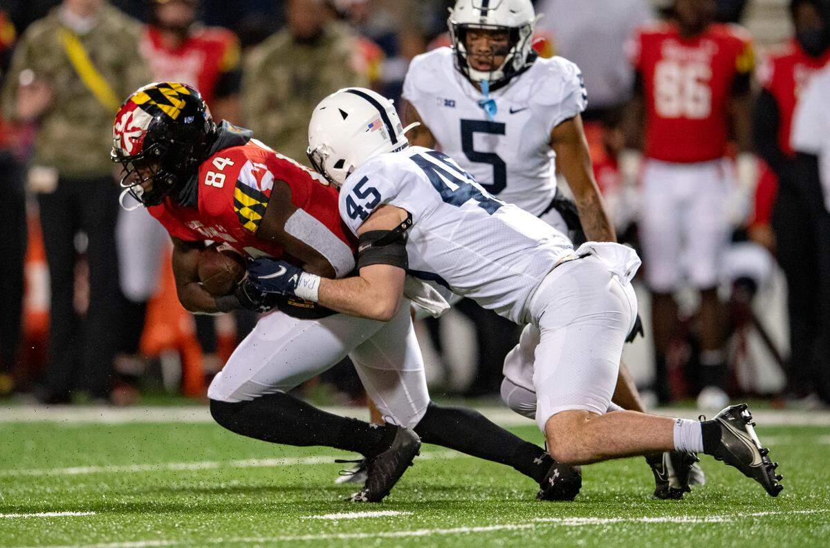 Penn State linebacker Charlie Katshir tackles Maryland’s Corey Dyches during the game on Saturday, Nov. 6, 2021.