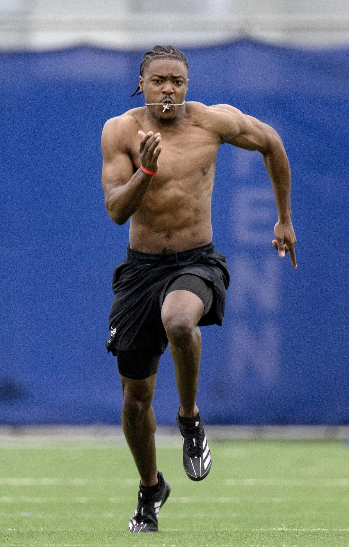 WR Devonte Ross runs the 40-yard dash during Penn State Pro Day on Wednesday, March 18, 2026. His 40 was 4.45.