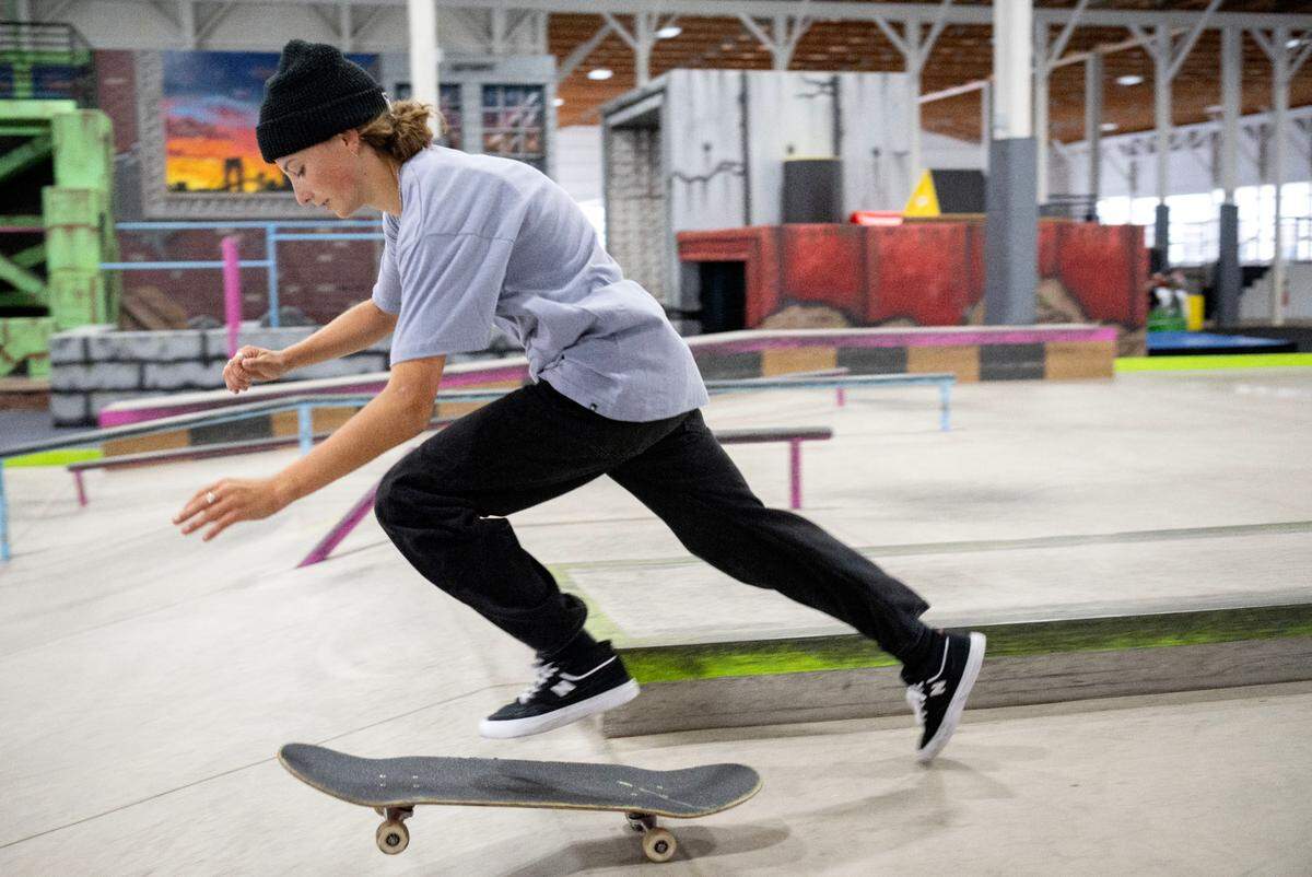 Liv Lovelace of the Australian national skateboarding team practices in the progression center at Woodward on Wednesday, April 24, 2024.