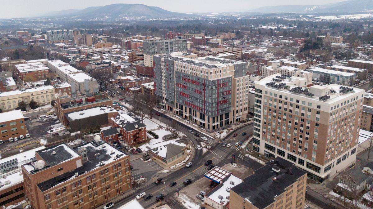 The intersection of Atherton Street and College Avenue with new high-rises The Standard at The Metropolitan on Feb. 2, 2022.