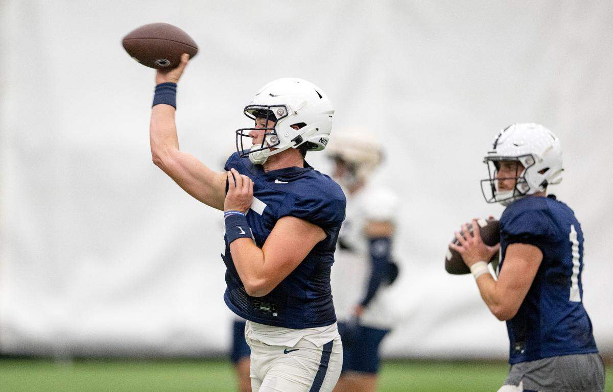 Penn State quarterback Drew Allar makes a pass during practice on Wednesday, Sept. 7, 2022.