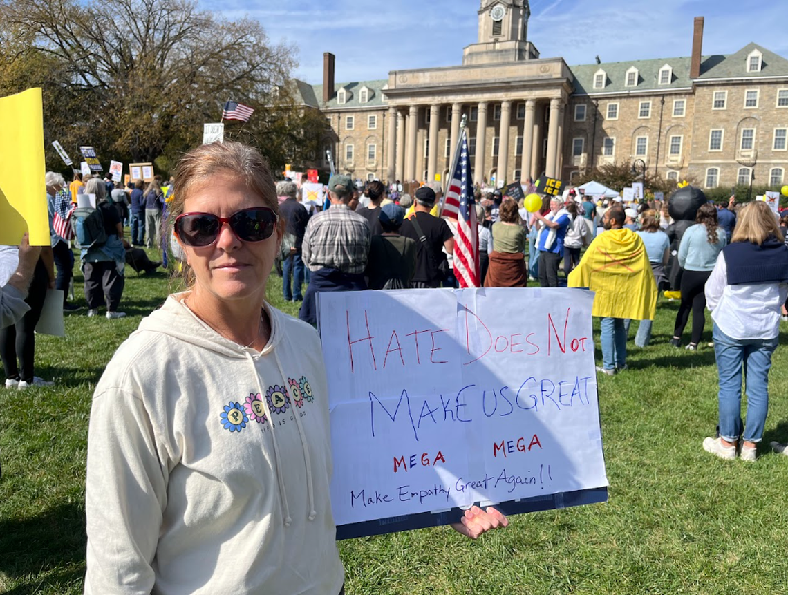 State College resident and Centre Helps Executive Director Denise McCann attended Saturday’s No Kings protest, which was held in opposition of the actions taken by President Donald Trump and his administration. The event was one of more than 2,500 scheduled No Kings protests to take place across the country Saturday.