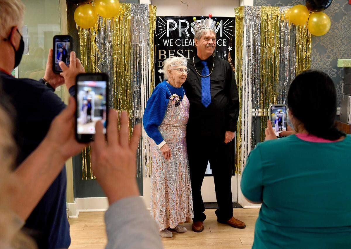 Sophie Schnitzler, 97, and Bill Davies, 66, were crowned the queen and king of the prom Friday during a celebration at Wynwood House in Boalsburg for residents and their families.