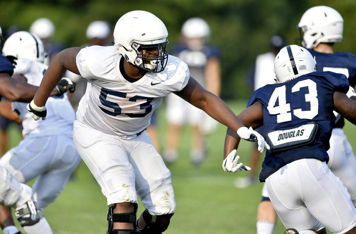 Penn State freshman offensive lineman Rasheed Walker during practice on Aug. 15, 2018.