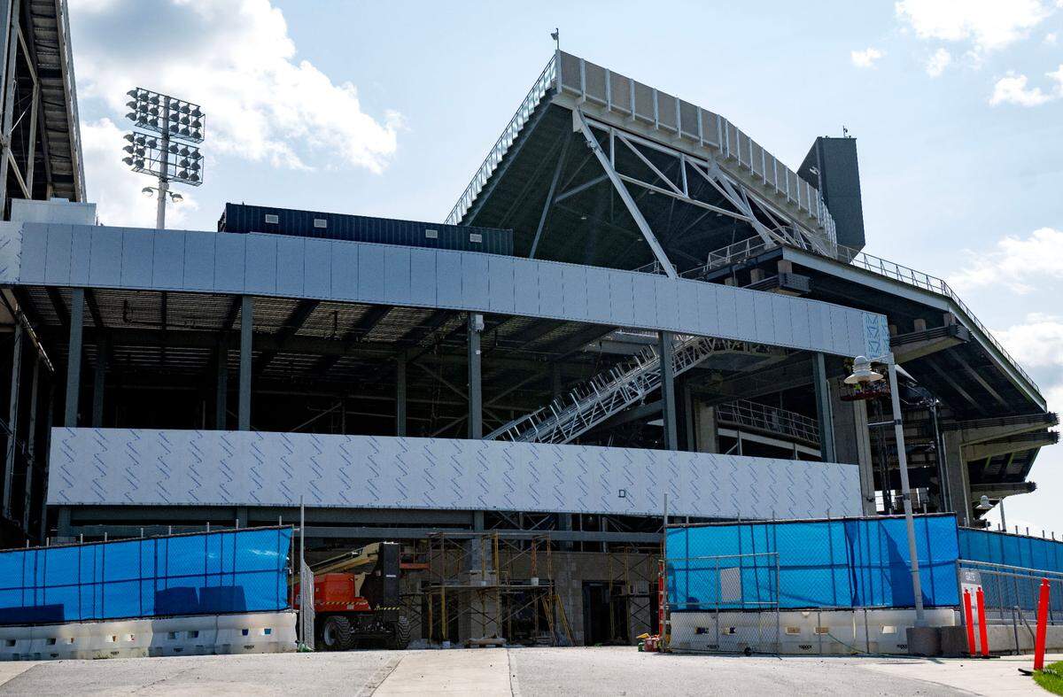 Construction continues at the northeast corner of Beaver Stadium around Gate E on Thursday, Aug. 22, 2024.