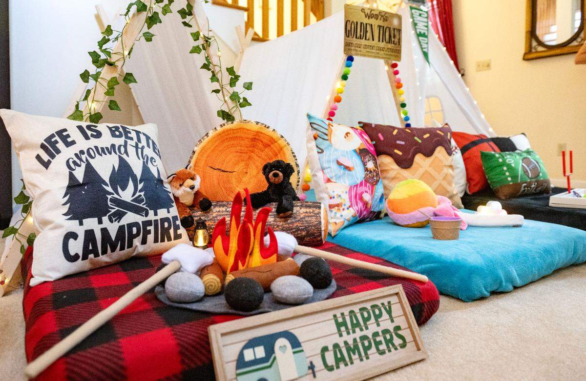 A variety of themed tents including Forest Friends, Sweet Dreams and Sports Fanatic set up by Happy Valley Slumber on Thursday, July 18, 2024.