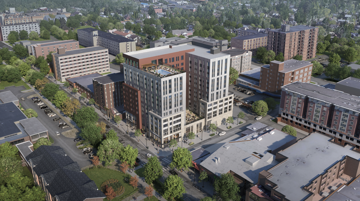 A 12-story building is proposed for the corner of East College Avenue and Sowers Street. The 155-foot building will be mixed use, as a multi-family residential apartment building with commercial and retail space. This conceptual design shows an ariel view of the building looking southeast.