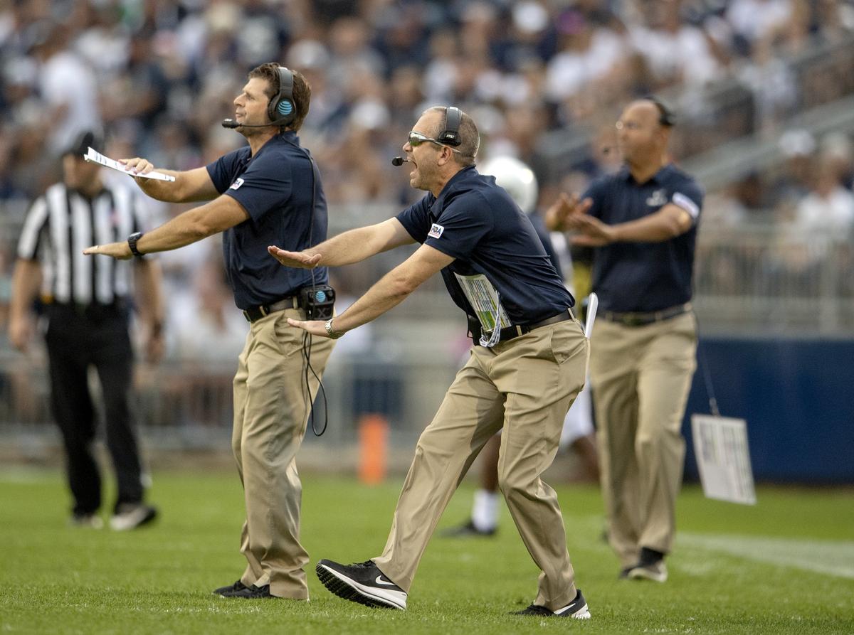 Penn State special teams coordinator Phil Galiano yells to the players during the Saturday, Sept. 1, 2018 game at Beaver Stadium.