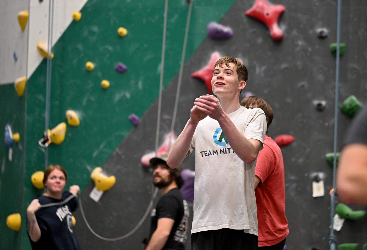 Team Nittany climbers cheer on their friends at Climb Nittany on Thursday, May 14, 2026. 