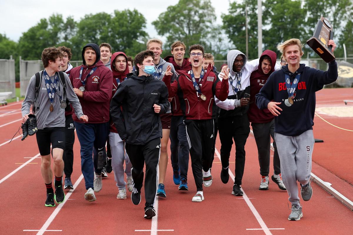 The State College boys’ track and field team takes a victory lap after securing the Class 3A team championship title during the PIAA State Track and Field Championships held Saturday, May 29, 2021, at Seth Grove Stadium on the Shippensburg University campus in Shippensburg.