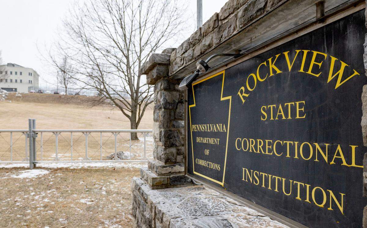 The sign for Rockview state prison on Thursday, Feb. 20, 2025.
