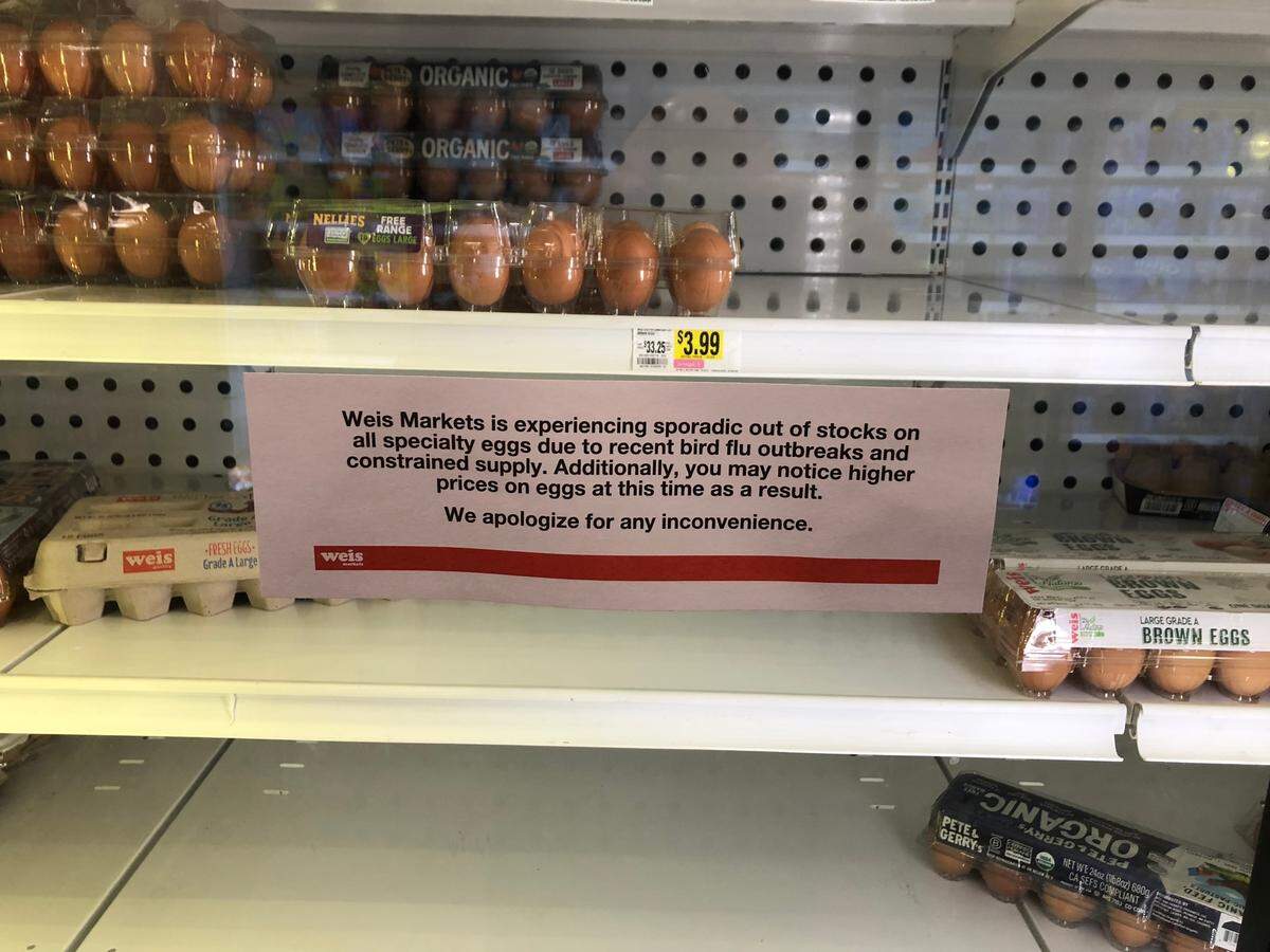 Weis Markets near Bellefonte posted signs in its egg section Friday to let customers know about the high prices and apologize for being sporadically out of stock of specialty eggs.