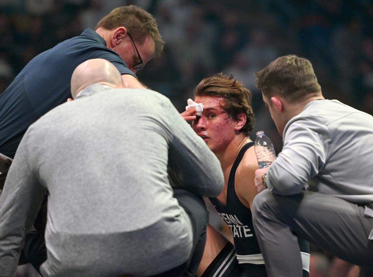Penn State’s Tyler Kasak has a bandage wrapped on his head during his bout against Iowa’s Jacori Teemer on Friday, Jan. 31, 2025 at the Bryce Jordan Center.