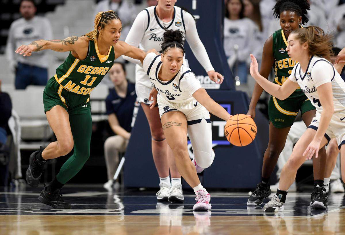 Penn State’s Leilani Kapinus steals the ball away from George Mason during the first round game of the Women’s Basketball Invitational Tournament on Thursday, March 21, 2024.