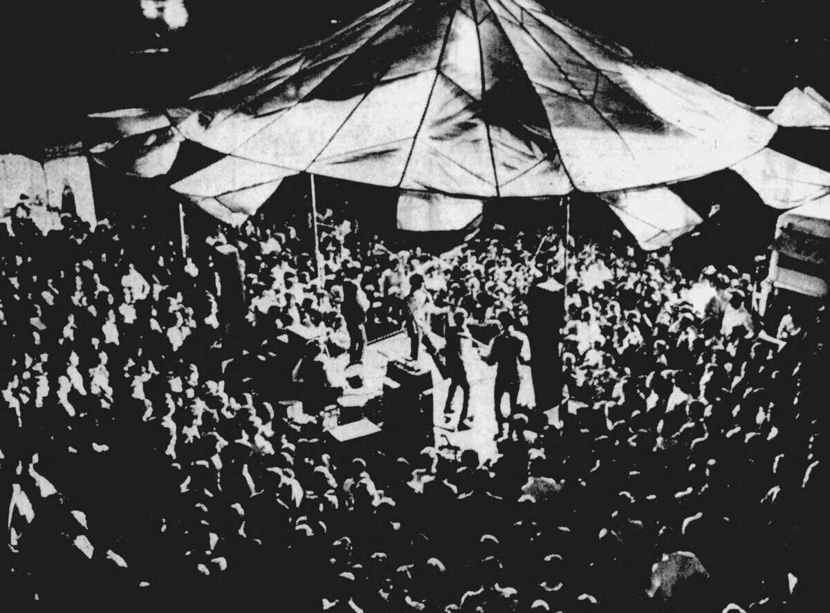 Hundreds gathered on South Allen Street as rock ‘n’ rollers Robin and the Hoods played a two-hour set in downtown State College during the first-ever Central Pennsylvania Festival of the Arts in July 1967. Due to the rain, the concert started late and ran until about 11 p.m.