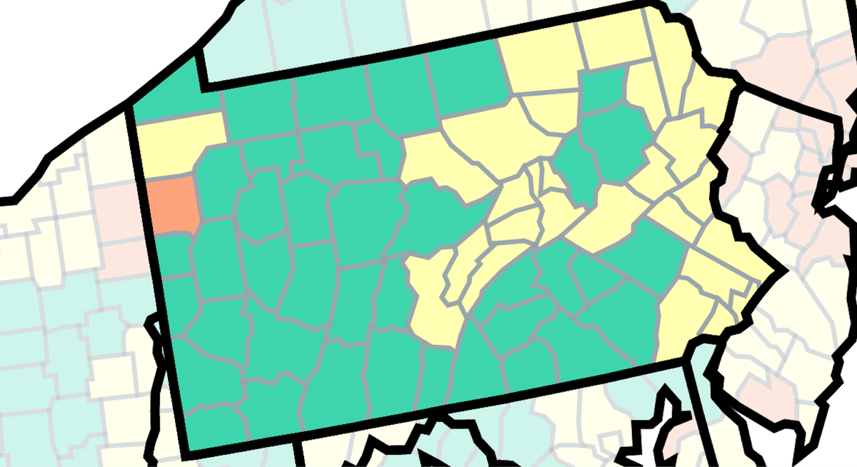 This map of Pennsylvania from the U.S. Centers for Disease Control and Prevention shows COVID-19 community levels by county as of Dec. 15, 2022. The orange are at high, the yellow at medium and the green at low.