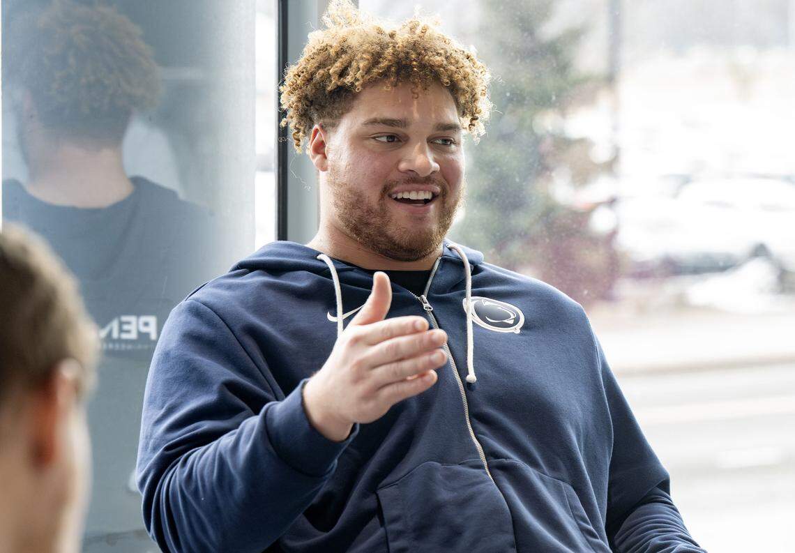 Penn State offensive lineman Trevor Buhr talks to the media on Wednesday, Feb. 25, 2026.