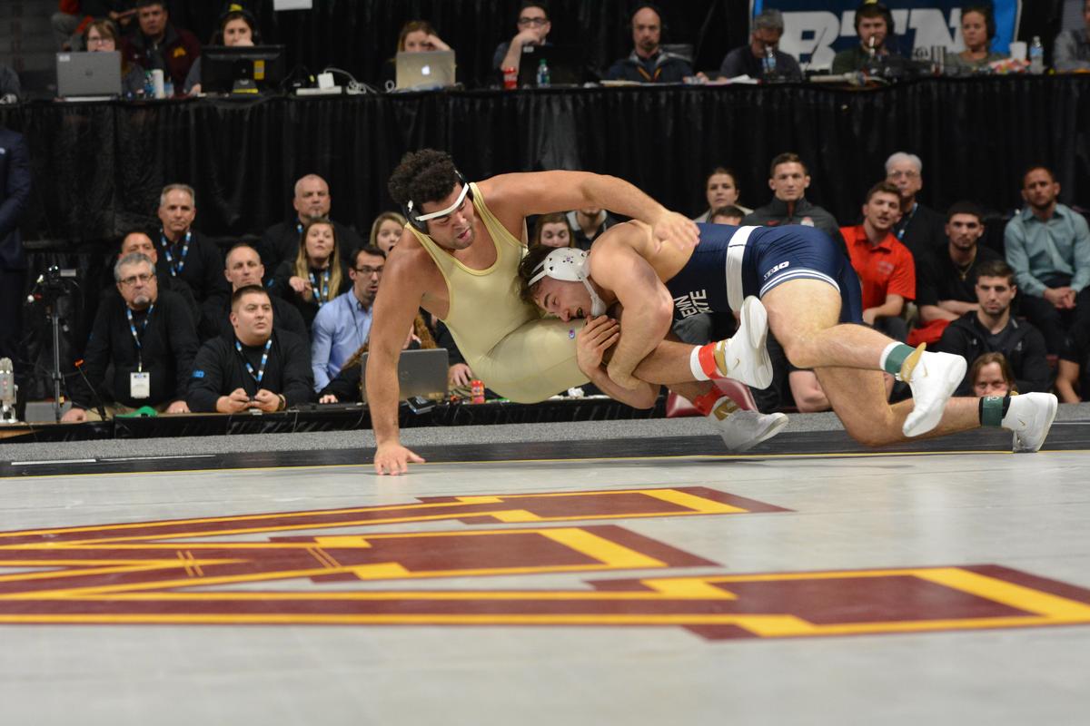 Penn State’s Anthony Cassar scores the winning takedown on Minnesota’s Gable Steveson during the 285-pound finals bout of the Big Ten Championships on Sunday in Minneapolis, Minn. Cassar handed Steveson his first collegiate loss 4-3.